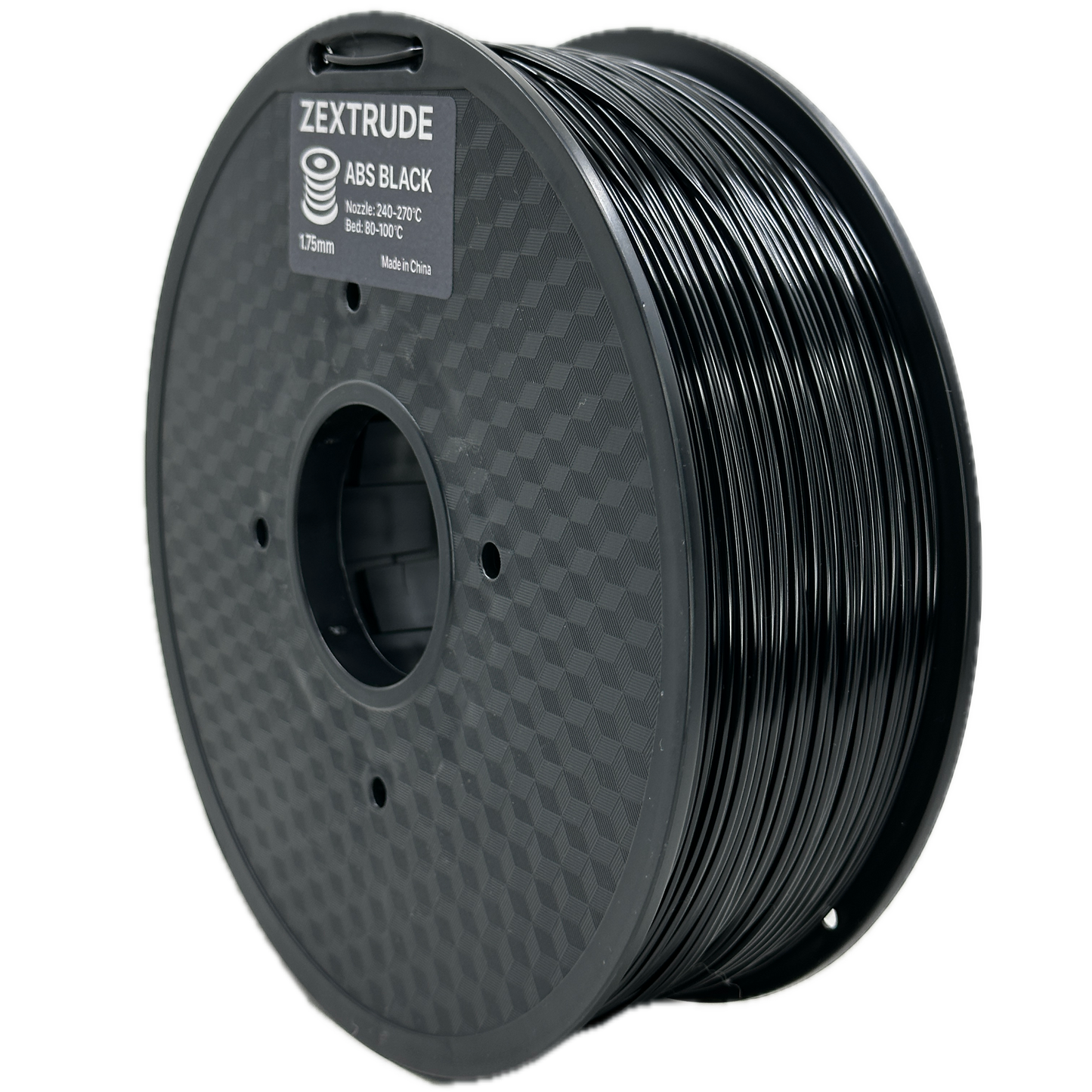 Spool of black 3D printing filament on a white background