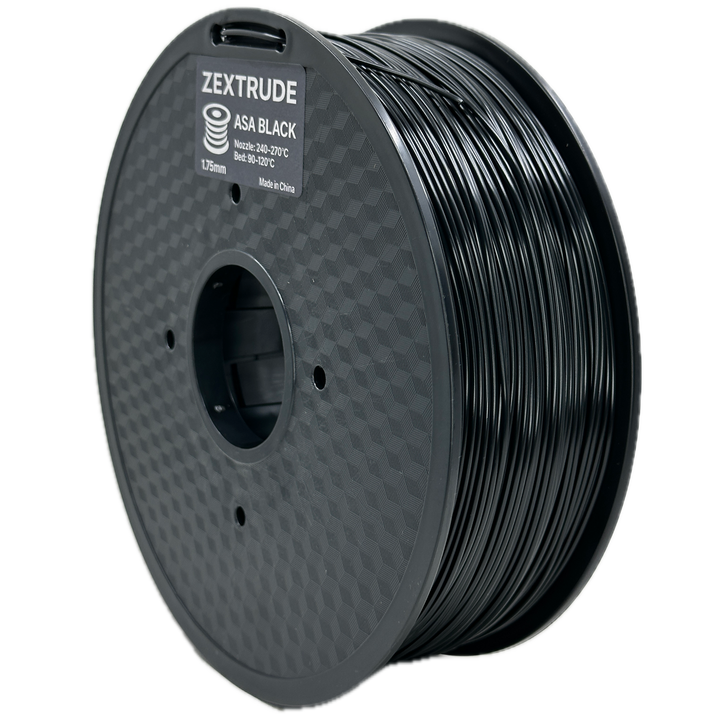 Spool of black 3D printing filament on a white background