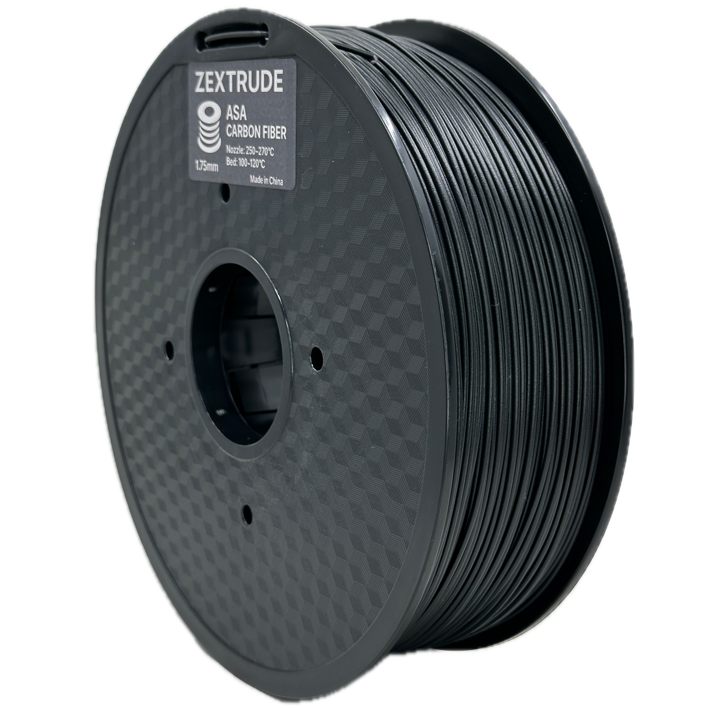 Spool of black 3D printing filament with 'Zextrude' branding on a white background
