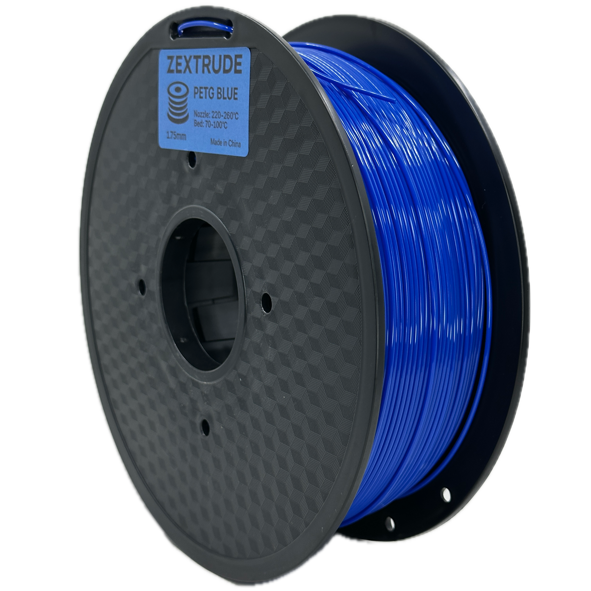 Spool of blue filament with a Zextrude label on a white background