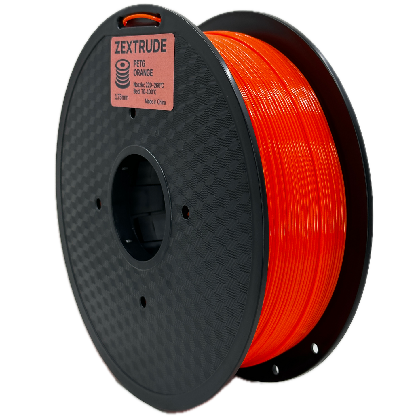 Spool of orange 3D printing filament on a black spool with Zextrude branding.