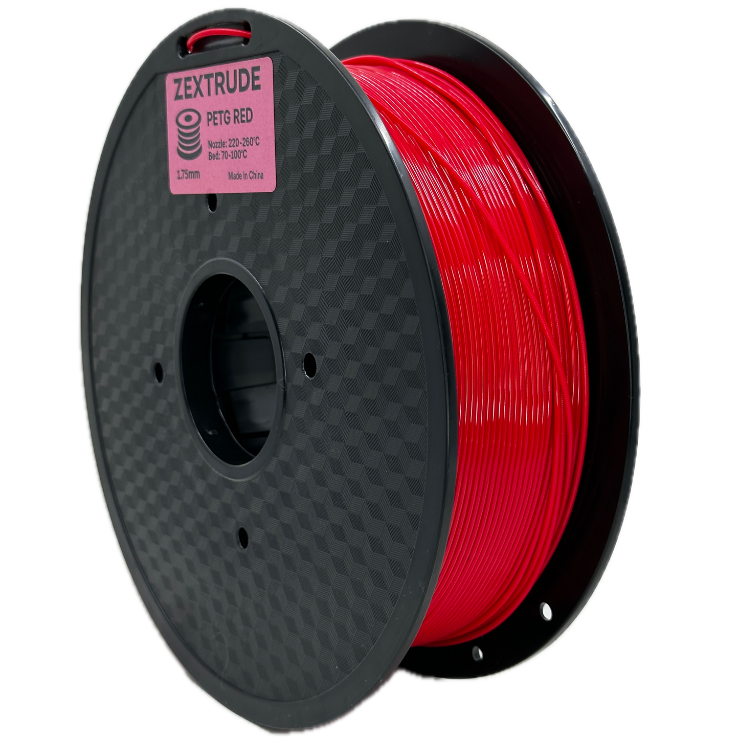 Spool of red 3D printing filament on a black spool with Zortrax branding.