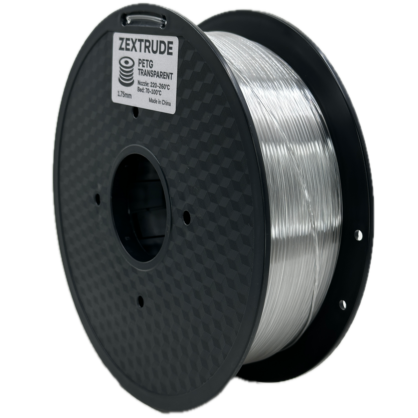 Spool of Zextrude Clear PETG filament on a white background