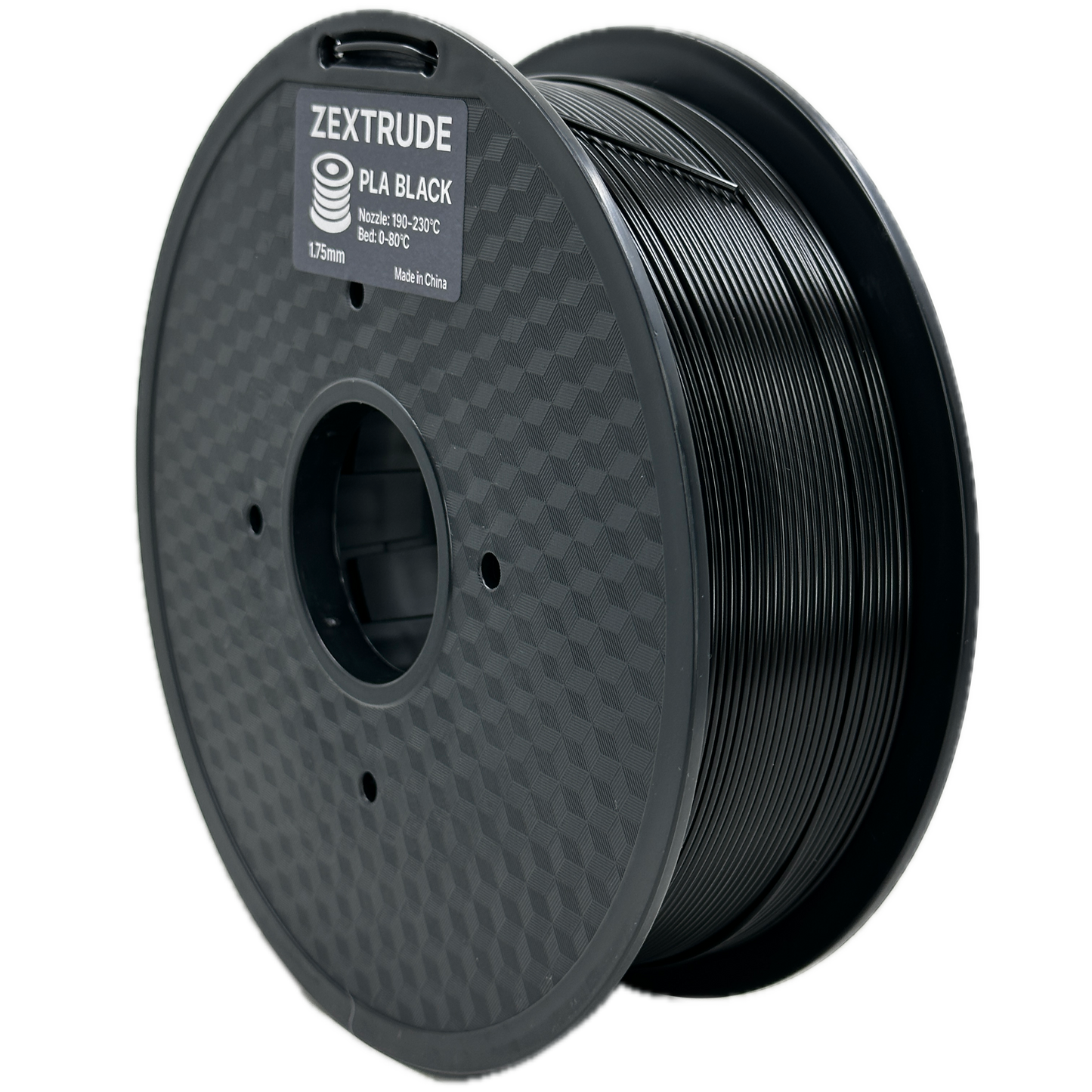 Spool of black 3D printing filament on a white background