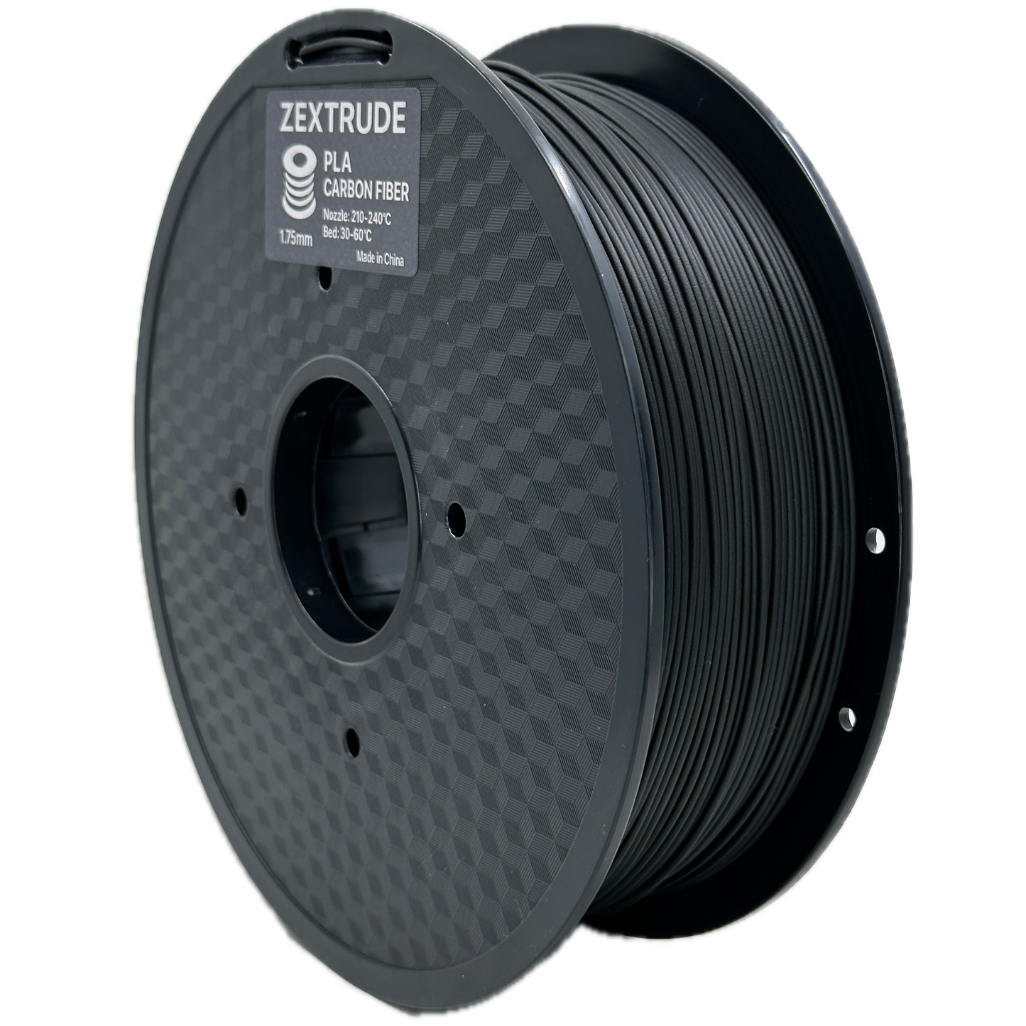 Black 3D printing filament spool on a white background