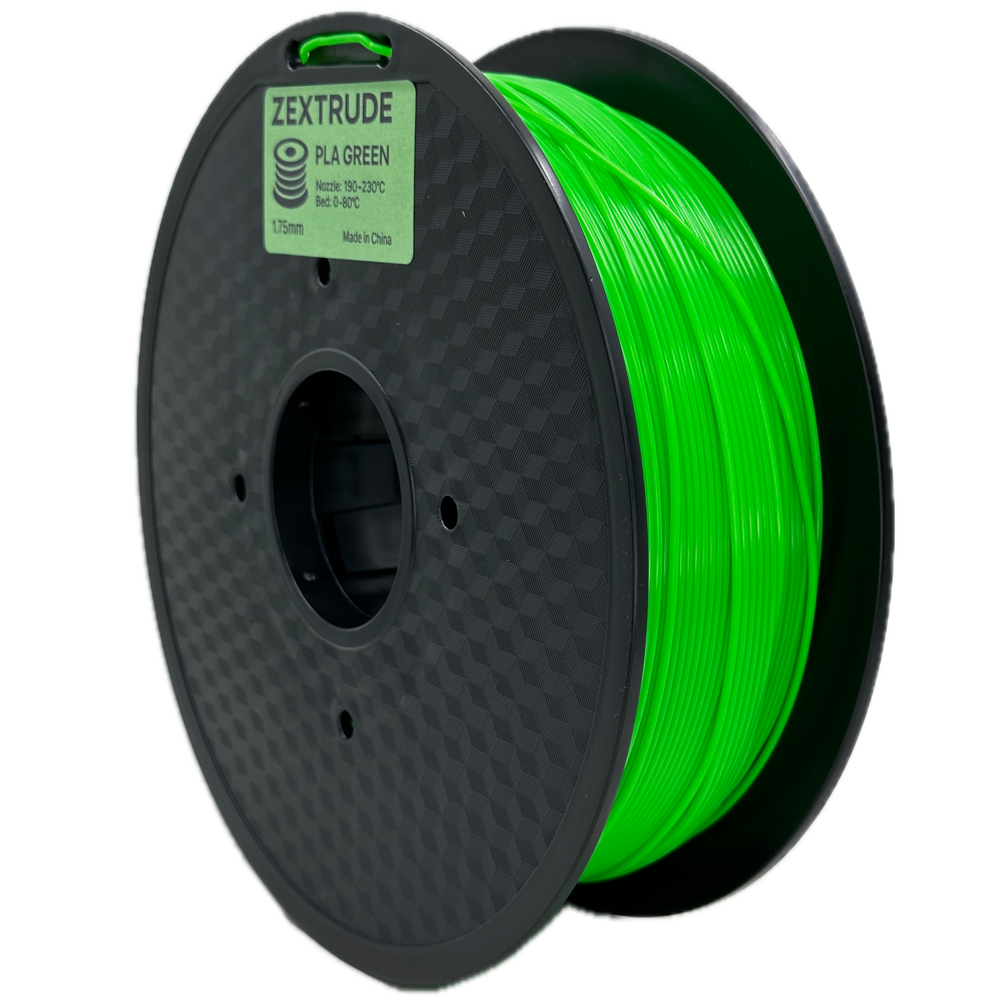 Spool of green filament on a white background with Zextrude branding.