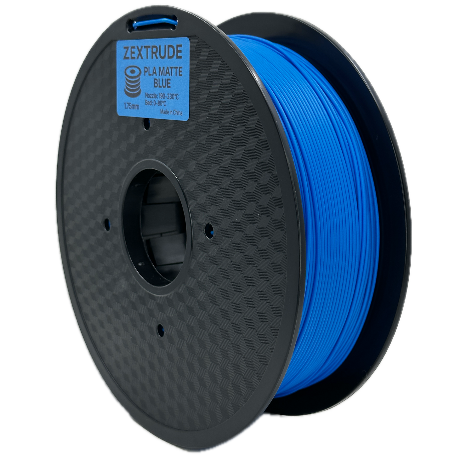 Spool of blue filament with a black spool holder on a white background