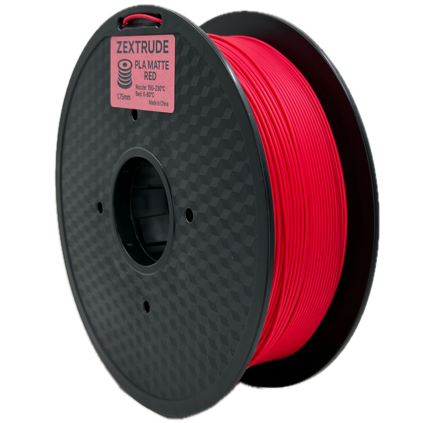 Spool of red 3D printing filament on a white background