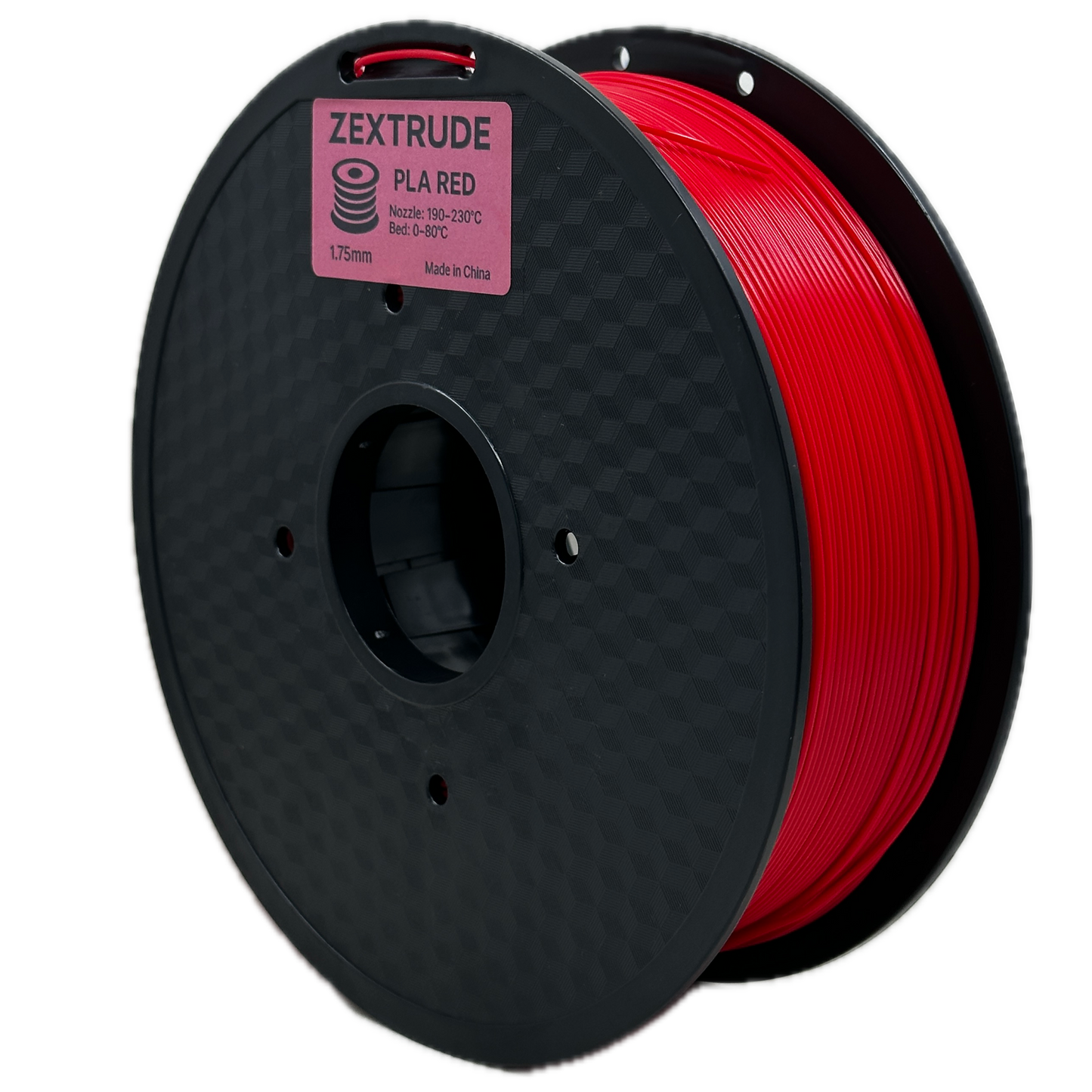Spool of red filament on a black spool with Zortrax branding.