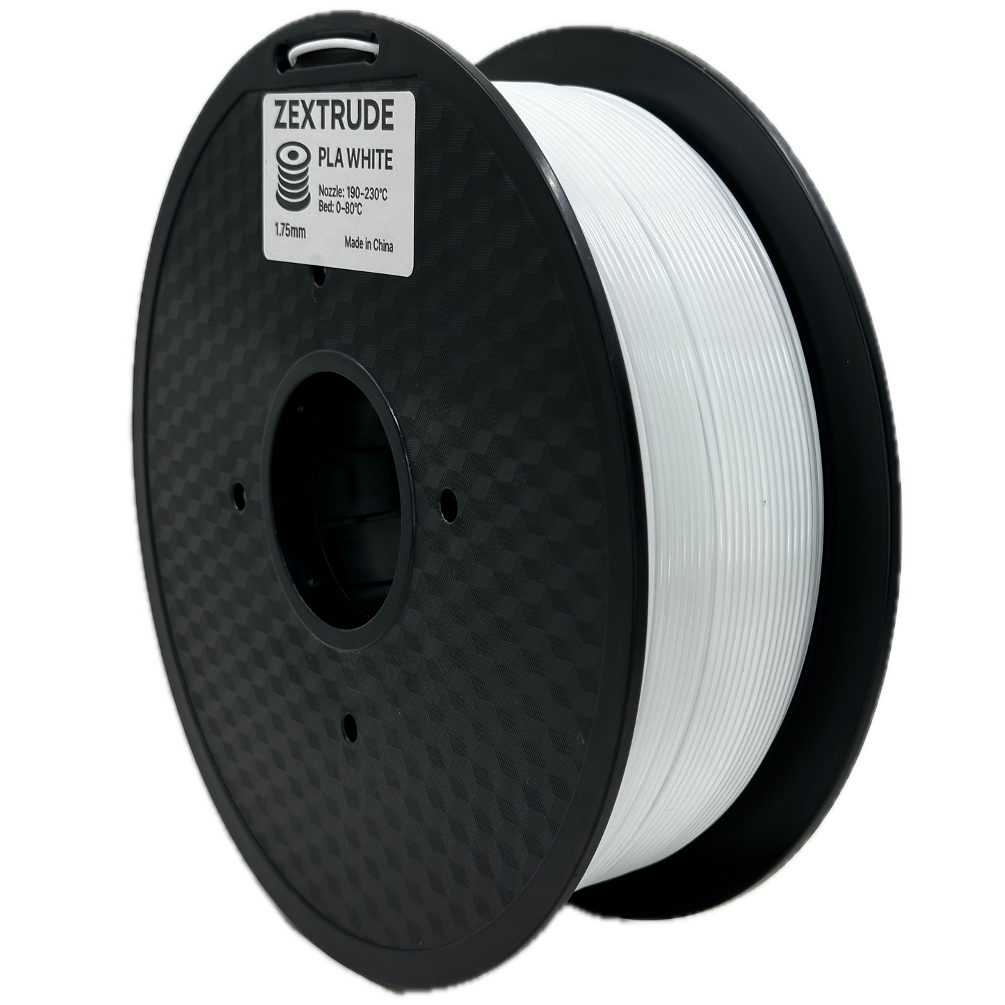 Spool of white filament on a black spool with Zextrude branding.