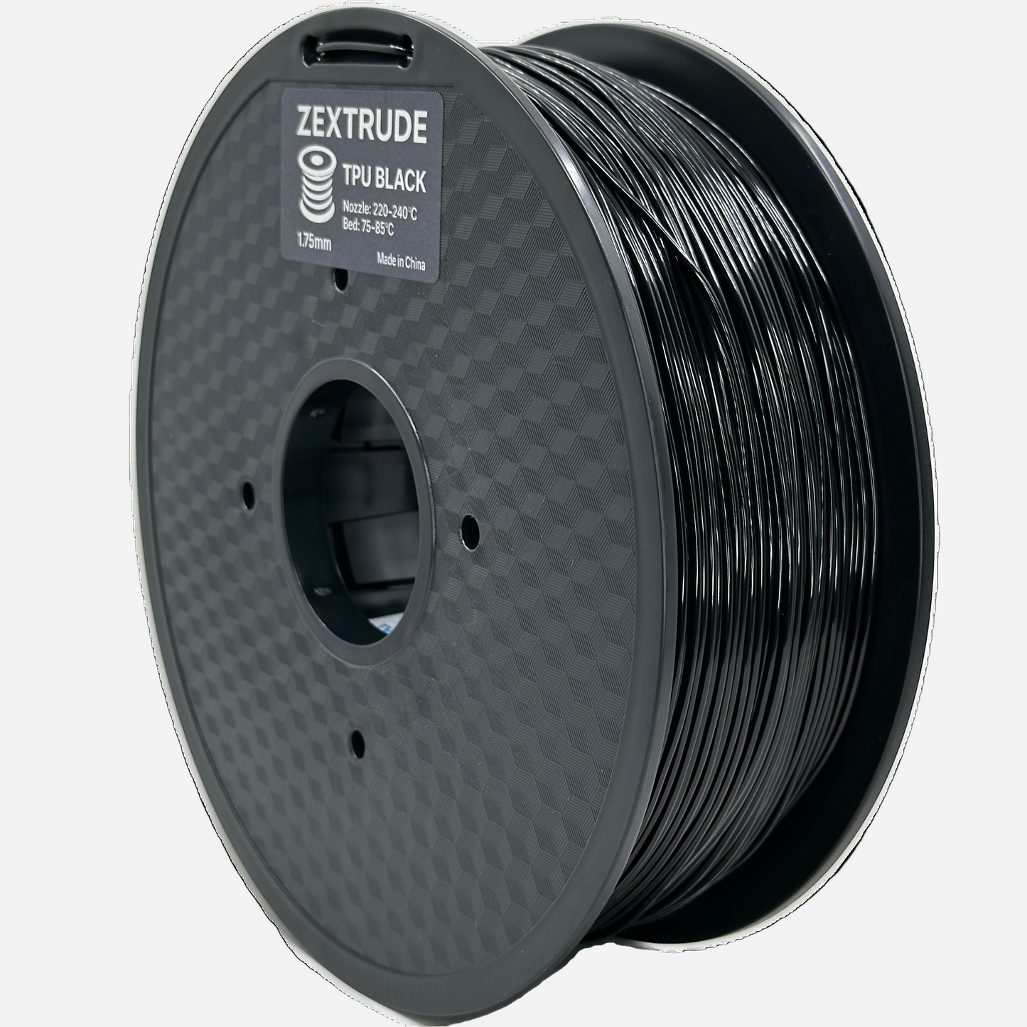 Spool of black 3D printing filament on a white background