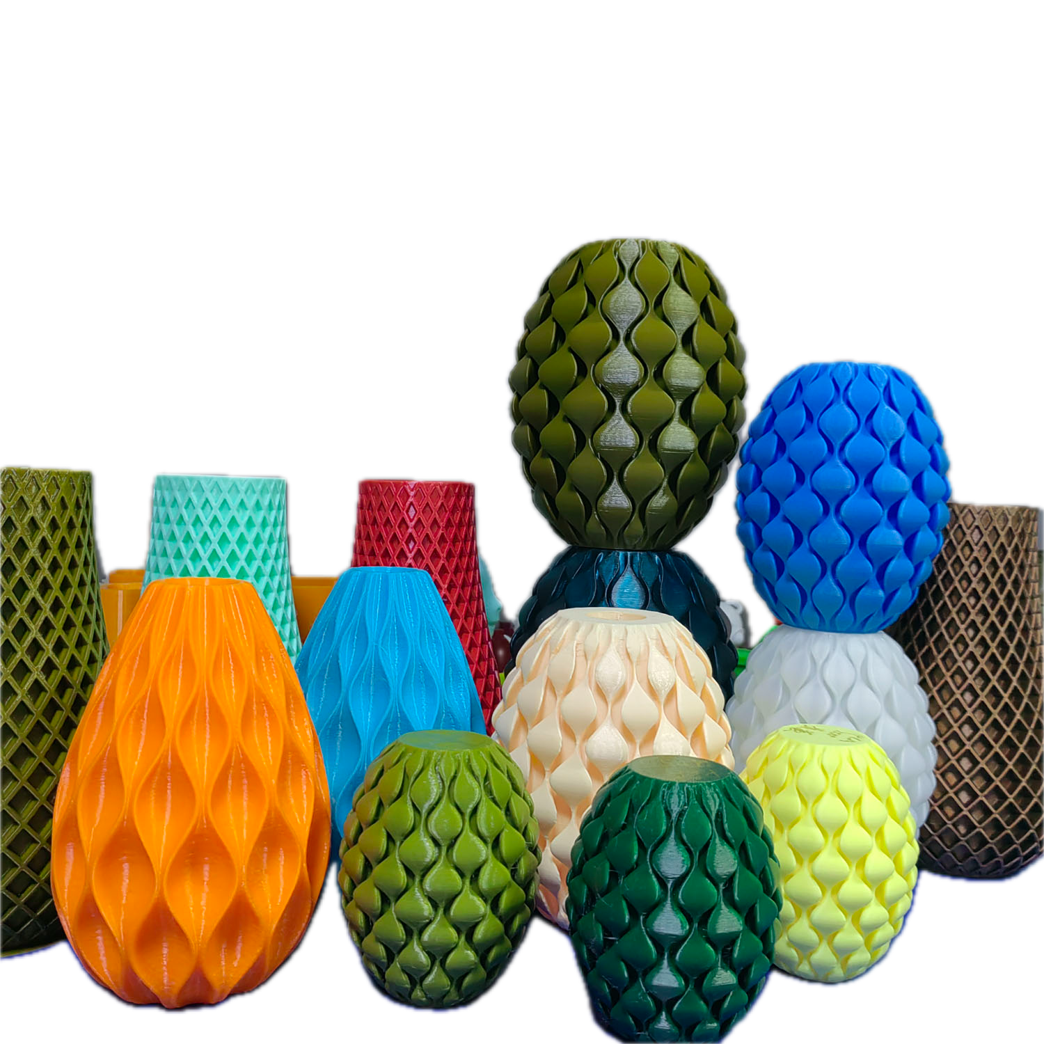 Multiple 3D printed objects varying colour pla petg asa abs 