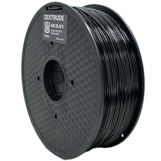 Spool of black 3D printing filament on a white background