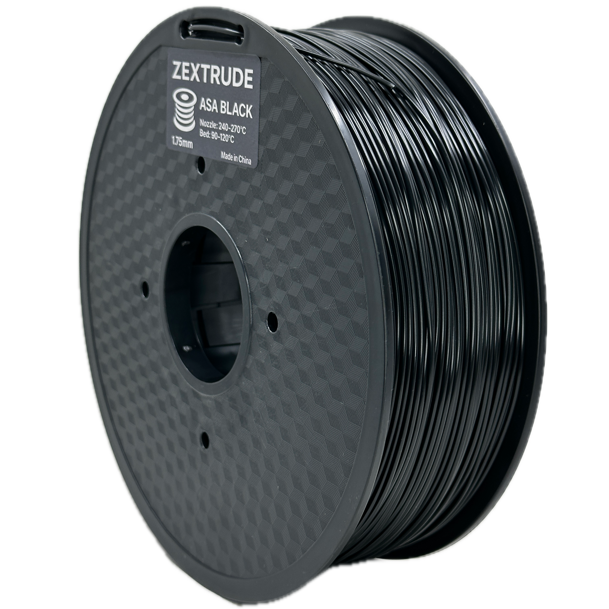 Spool of black 3D printing filament on a white background