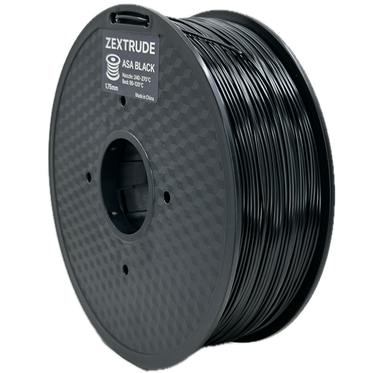 Spool of black 3D printing filament on a white background