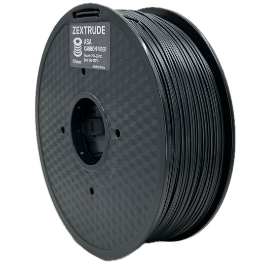 Spool of black 3D printing filament with 'Zextrude' branding on a white background
