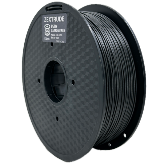 Black 3D printing filament spool on a white background