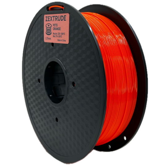 Spool of orange 3D printing filament on a black spool with Zextrude branding.