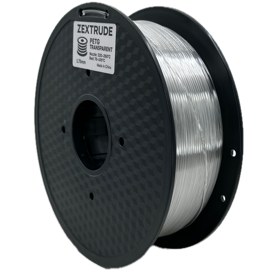 Spool of Zextrude Clear PETG filament on a white background