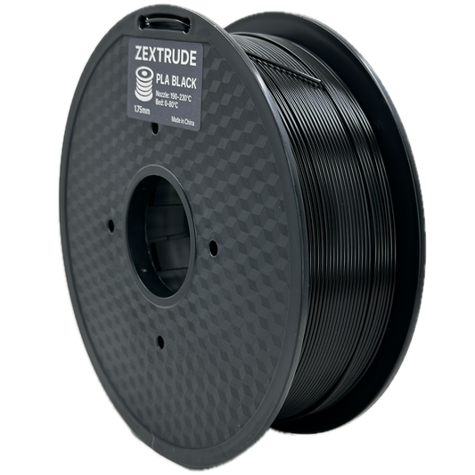 Spool of black 3D printing filament on a white background