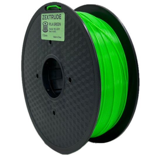 Spool of green filament on a white background with Zextrude branding.