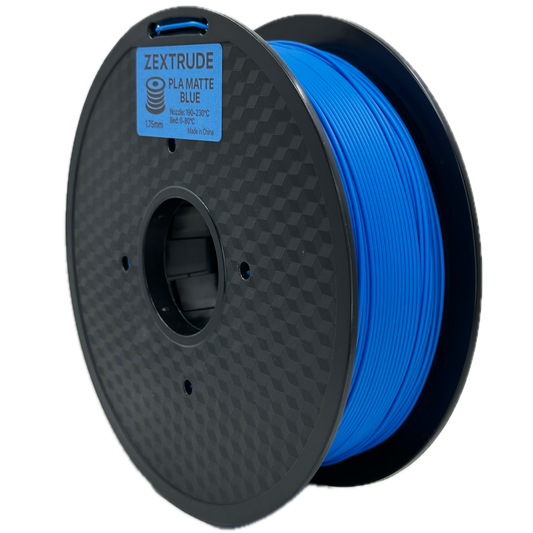 Spool of blue filament with a black spool holder on a white background