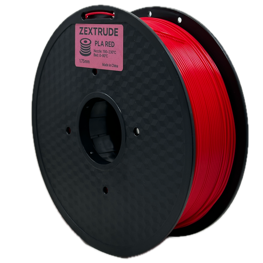 Spool of red filament on a black spool with Zortrax branding.
