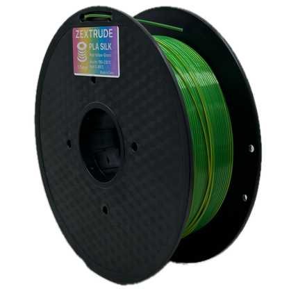 Spool of green filament on a black spool with a visible brand label against a white background