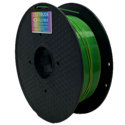 Spool of green filament on a black spool with a visible brand label against a white background