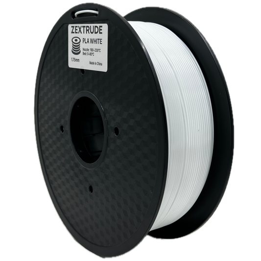 Spool of white filament on a black spool with Zextrude branding.