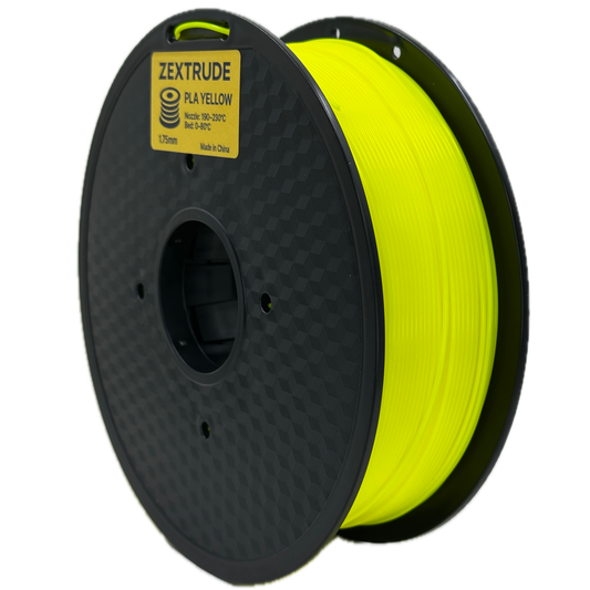 Spool of yellow Zextrude filament on a black spool with brand label.