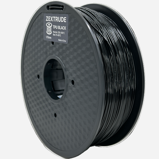 Spool of black 3D printing filament on a white background